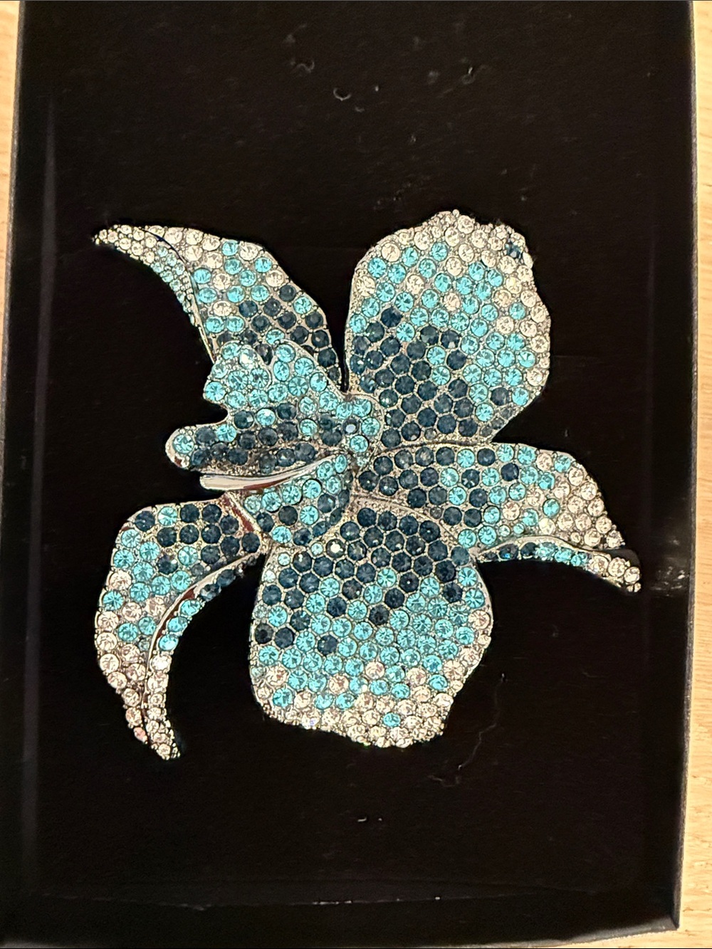 NWT Adrienne Blue Crystal Orchid Brooch with Teal and Light Blue Stones